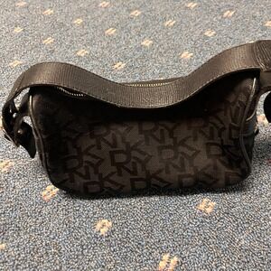 DKNY Black Logo Print Shoulder Bag Purse Zipper Baguette Monogram Zip Adjust Y2K